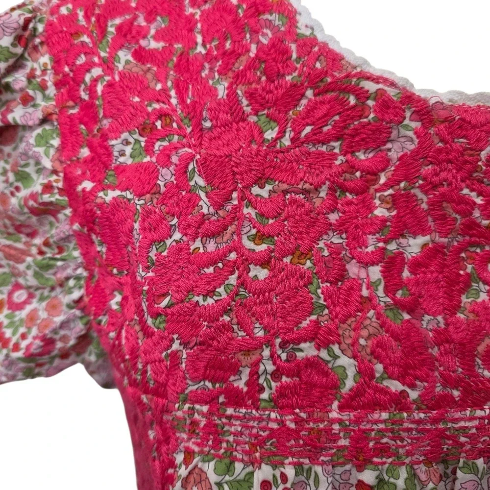 J Marie XL Pink Floral Embroidered Flutter Sleeve Boho Peasant Tunic Blouse Top